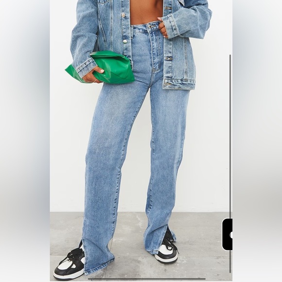 Pretty little thing mid blue wash split hem straight leg jean - Picture 3 of 3